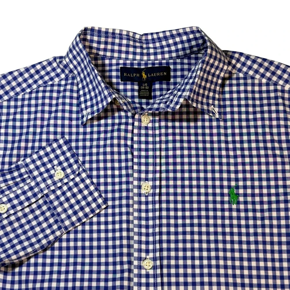 Ralph Lauren Button Down Shirt Boys L 14-16 Blue Gingham Excellent Long Sleeve